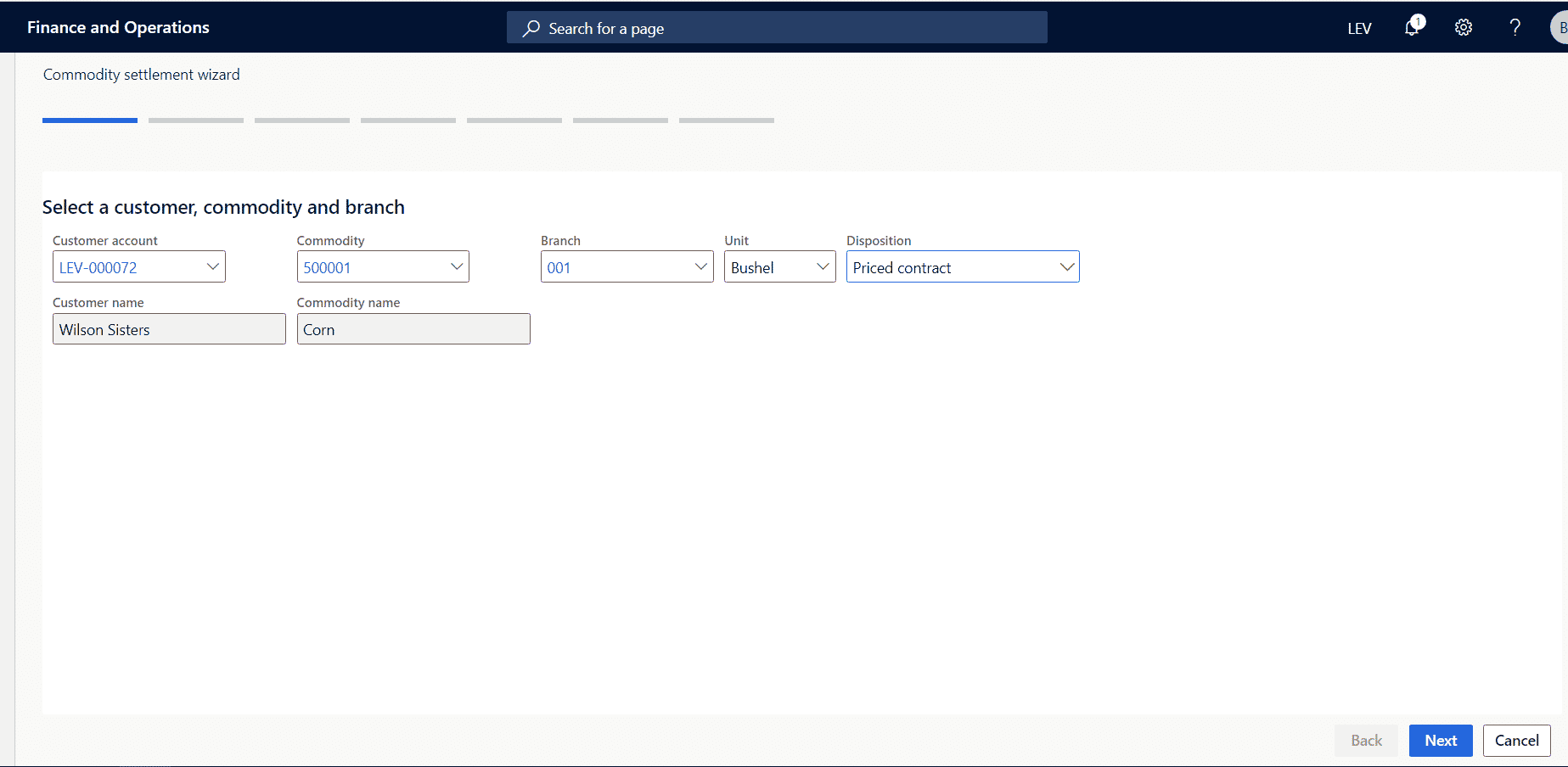 Select a customer, commodity, and branch