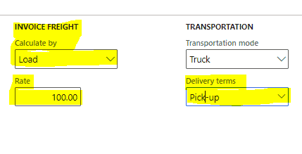 Invoice freight section. Calculate by "load". Rate "100.00". Delivery terms "pick-up".