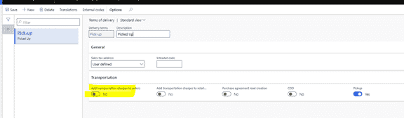 Add transportation charges to orders is set to no