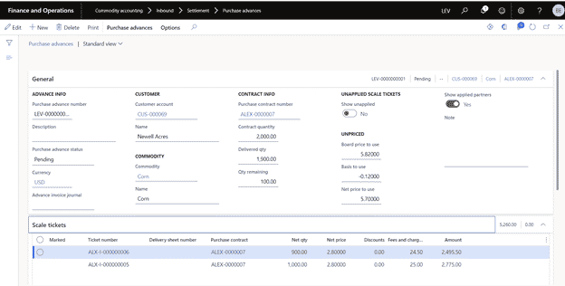 Purchase advance creation form