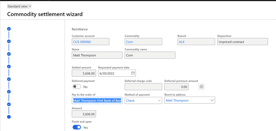 Commodity settlement wizard. "Pay to the order of" field is highlighted.