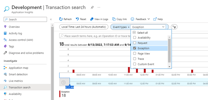 Development > transaction search > event types = exception