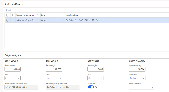 Scale certificates and origin weights are shown. Under origin weights are gross weight, tare weight, net weight, and gross quantity. 