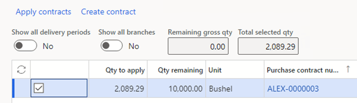 A line is selected. It says: Qty to apply = 2,089.29, Qty remaining = 10,000.00, Unit = Bushel, Purchase contract number = ALEX-0000003