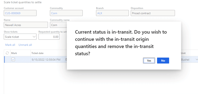 Pop-up message: Current status is in-transit. Do you wish to continue with the in-transit origin quantities and remove the in-transit status?