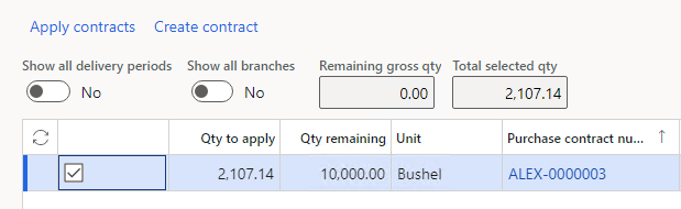 A line is selected. The line reads: Qty to apply = 2,107.14, Qty remaining = 10,000.00, Unit = Bushel, Purchase contract number = ALEX-0000003
