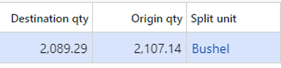 Destination qty = 2,089.29, Origin qty = 2,107.14, Split unit = Bushel