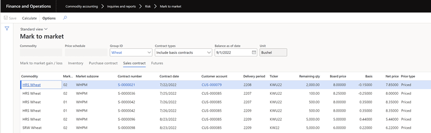 Wheat is selected as the group ID. The sales contract tab is selected.