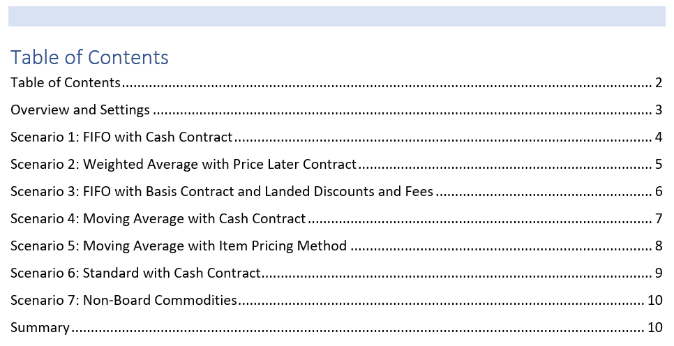 Table of contents including overview and settings, scenarios, and a summary.