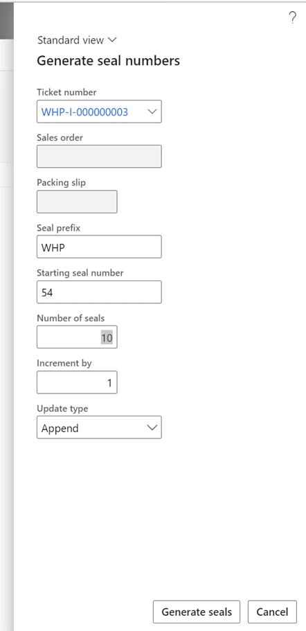 Seal prefix, starting seal number, number of seals, and increment by are all found under generate seal numbers.