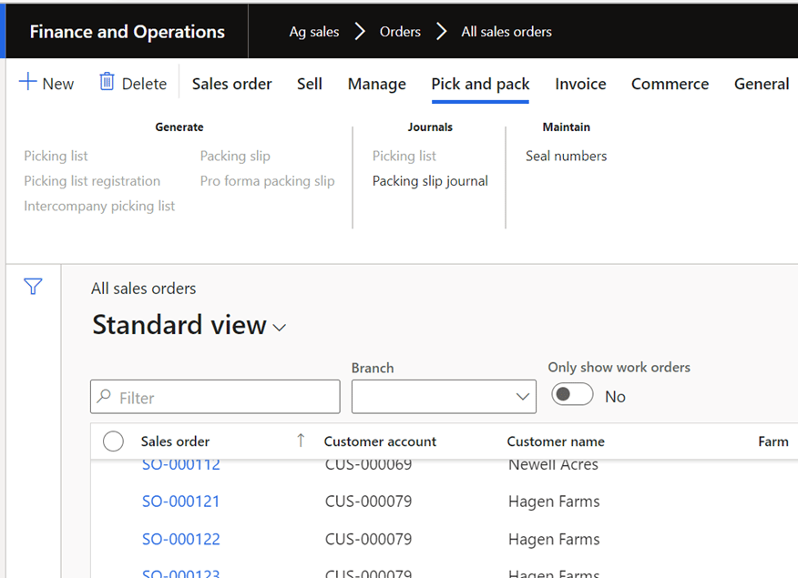 Standard view of all sales orders is shown. The pick and pack tab is open. This can be found under ag sales > orders > all sales orders > pick and pack.