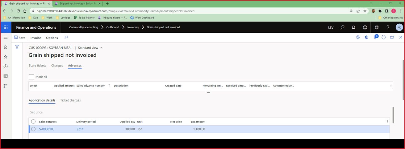 Grain shipped not invoiced page in Finance and Operations. The Advances and Applications details tabs are selected.