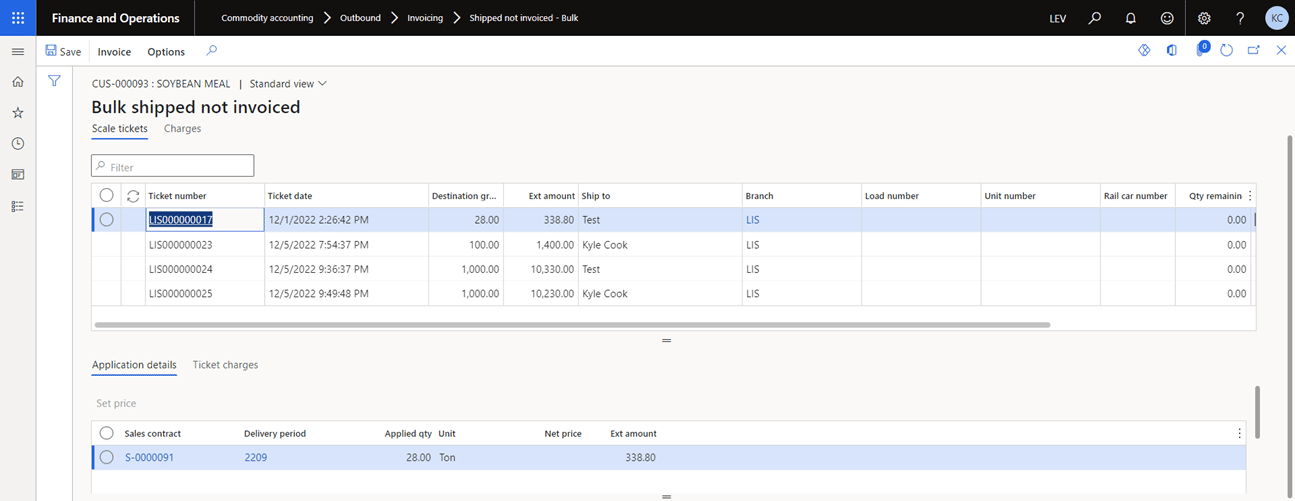 Bulk shipped not invoiced page in Finance and Operations. Scale tickets and Application details tabs are selected. 