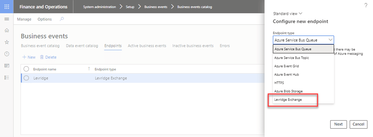 Levridge Exchange is circled under Configure new endpoint