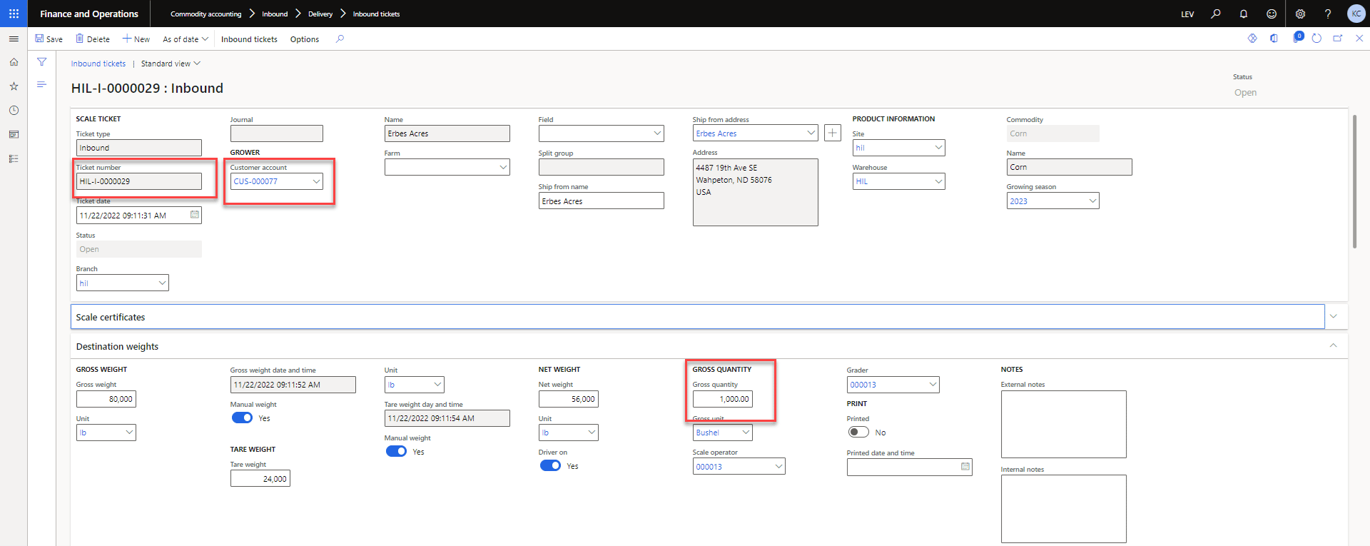 The screen that's shown is commodity accounting > inbound > delivery > inbound tickets. Ticket number, Customer account, and Gross quantity are all circled in red.