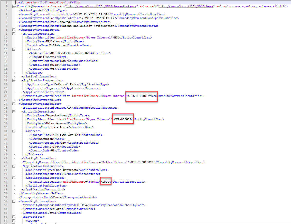 Code is shown. The following are circled in red: >HIL-I-0000029<, >CUS-000077<, and >1000<