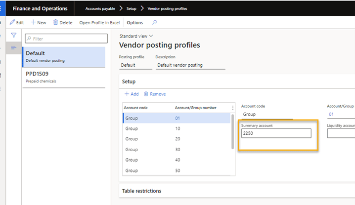 Finance and Operations Vendor posting profiles screen is shown. Summary account is entered as 2250 and is circled in yellow.