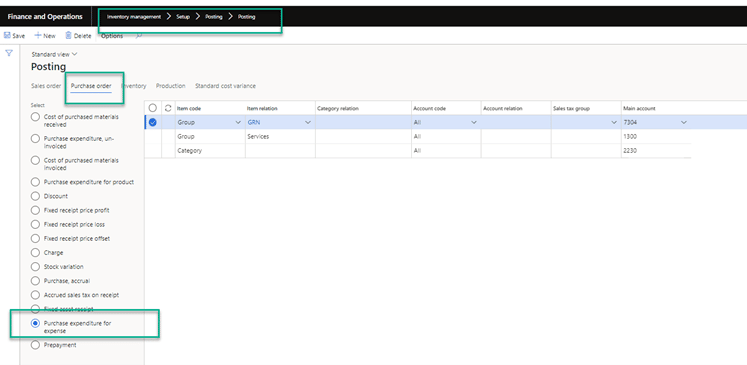 Finance and Operations posting screen is shown. Circled in green: Inventory management > Setup > Posting > Posting; Purchase order; and Purchase expenditure for expense.