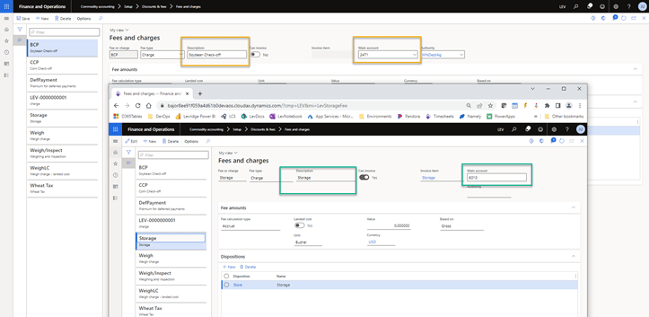 Finance and Operations Fees and charges screen is shown. "Soybean check-off" is written under Description and is circled in yellow. The main account is listed as 2471 and is also circled in yellow. A second Fees and charges tab has "Storage" as the description. This is circled in green. The main account is listed as 6010 and is also circled as green.