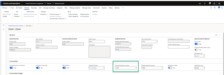 Finance and Operations Released product details screen is shown. Corn is the product shown. Circled in green: Purchase advance account is 1325.