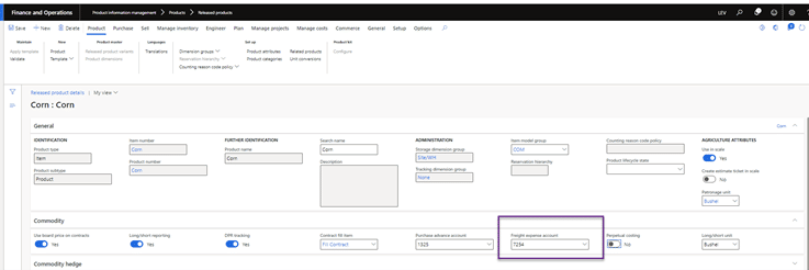 Finance and Operations Released product details screen is shown. Corn is the product shown. Circled in purple: Freight expense account is 7254