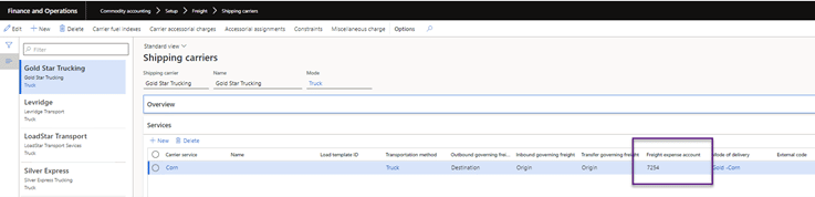 Finance and Operations Shipping carriers screen is shown. Corn is the product shown. Circled in purple: Freight expense account is 7254.