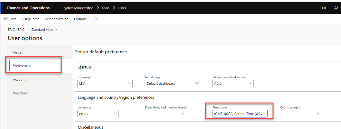 Finance and Operations screen is shown (system administration > users > users). "Preferences" is circled in red. "Time zone" is also circled in red.