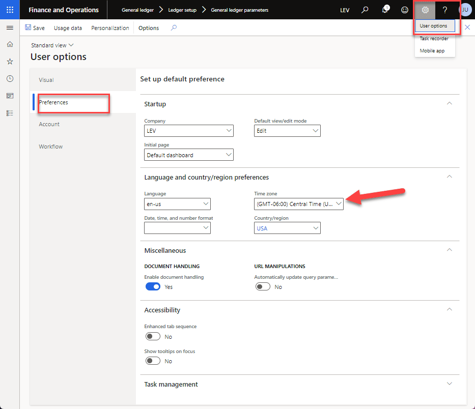 Finance and Operations screen is shown (general ledger > ledger setup > general ledger parameters). "Preferences" is circled in red. The settings icon is circled in red, as well as "User options", which is in the settings drop down menu. A red arrow points to "Time zone".