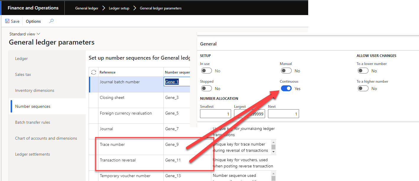 Finance and Operations is shown (General Ledger > Ledger setup > General ledger parameters). Trace number and Transaction reversal are circled in red, as well as their number sequences to the right. A red arrow points to Continuous, which is turned to Yes.