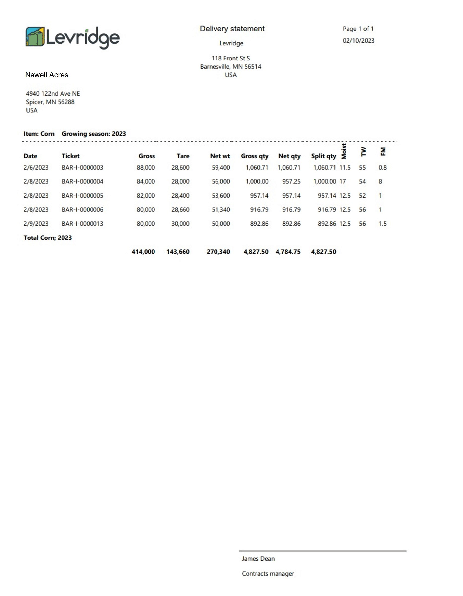 Levridge delivery statement. Ticket information is listed in horizontal lines.