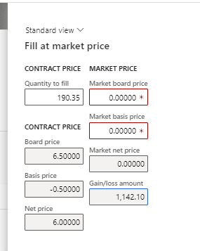 Fill at market price pop-up in D365 Finance and Operations is shown. "Market board price" and "Market basis price" are required fields.