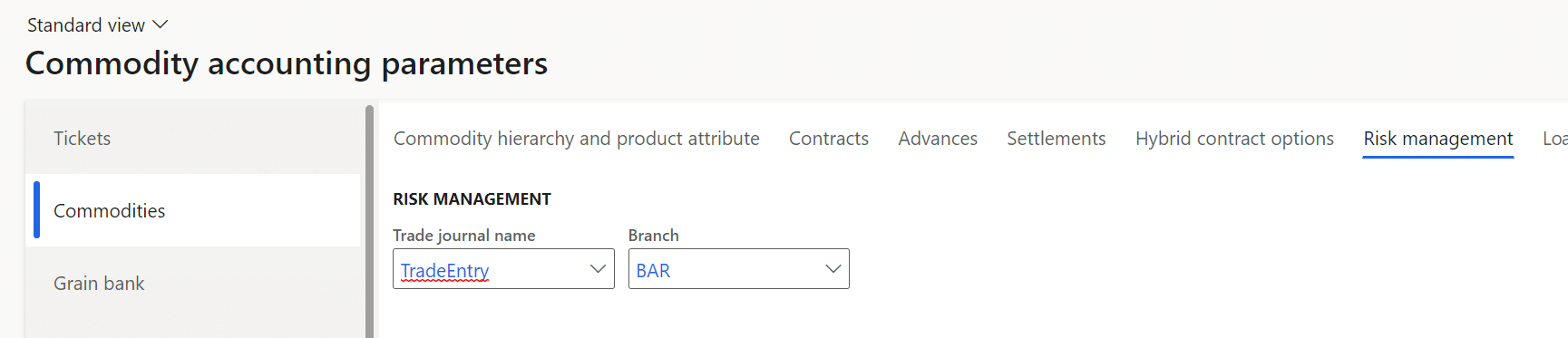 This is a screenshot of D365 FO with Levridge. The Commodity accounting parameters standard view is shown. "Commodities" is selected on the left-hand side. The "Risk management" tab is selected. 