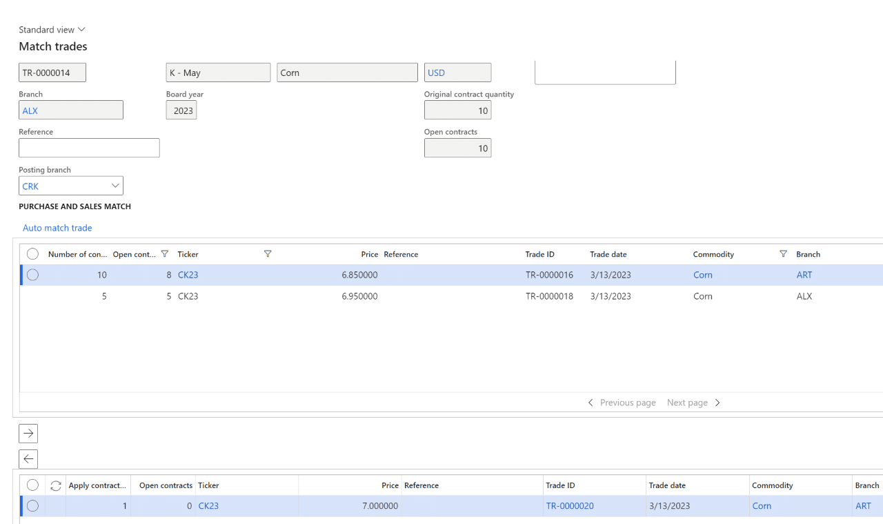 This is a screenshot of D365 FO with Levridge. The Match trades standard view is shown. A few lines are listed, all with a ticker of CK23.