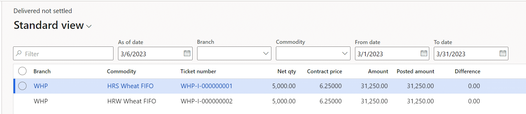 The delivered not settled standard view in Microsoft Dynamics 365 Finance and Operations with Levridge.