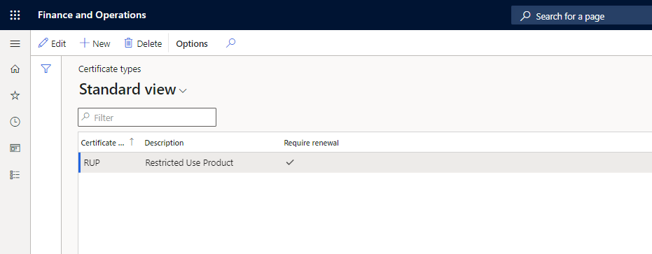 Screenshot - D365 Finance and Operations certificate types standard view