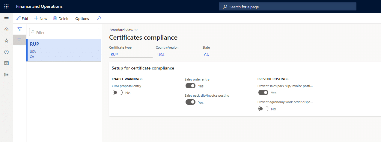 Screenshot - D365 Finance and Operations certificates compliance standard view. "Setup for certificate compliance" is shown.