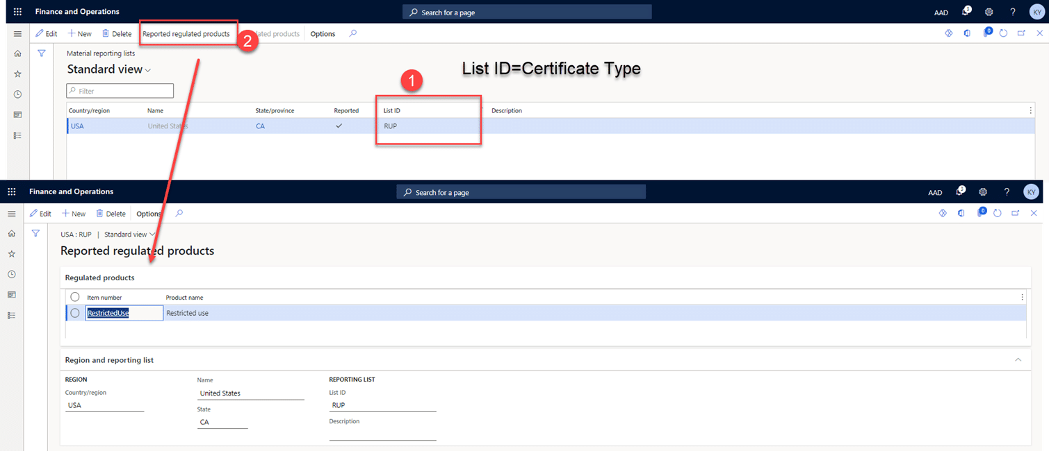 Screenshot - D365 Finance and Operations material reporting lists standard view. List ID is circled in red with a 1 next to it. Reported regulated products is circled in red with a 2 next to it. An arrow points from step 2 to the reported regulated products screen.