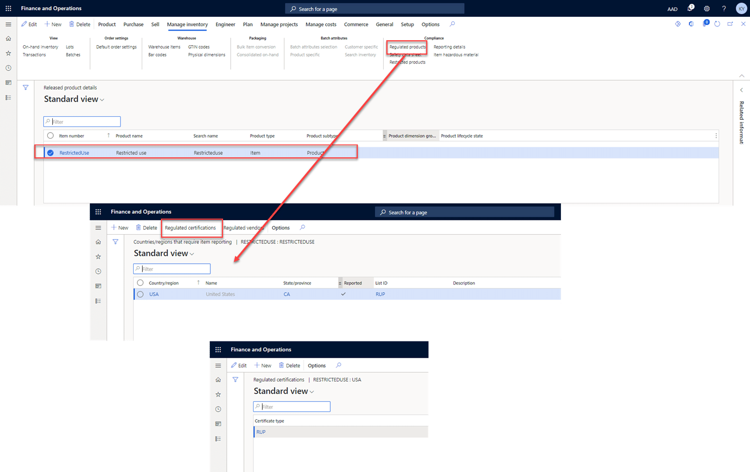 Screenshot - D365 Finance and Operations released product details standard view. A line item is selected and "Regulated products" is circled in red. Regulated products points to a different screen where "Regulated certifications" is circled in red.