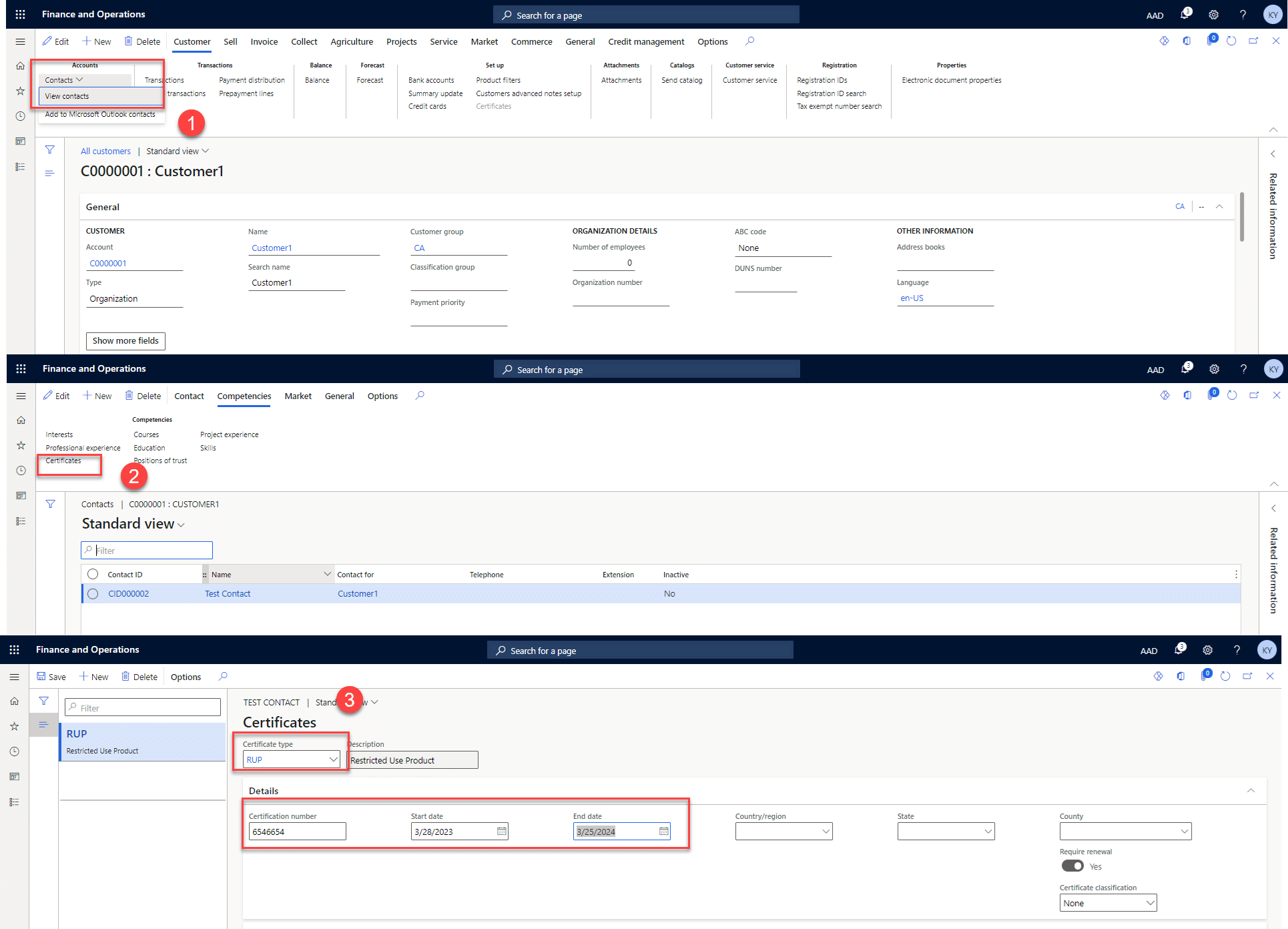 Screenshot - D365 Finance and Operations customer page. Contacts > View contacts is circled in red next to 1. Certificates (under competencies) is circled in red next to 2. Certificate type, certification number, start date, and end date are all circled in red next to 3.