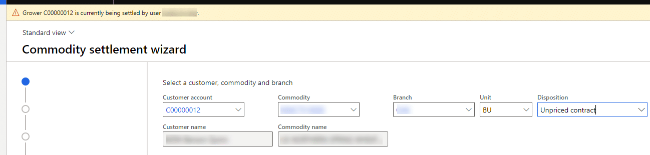 Screenshot of Microsoft Dynamics 365 Finance and Operations with Levridge. The Commodity settlement wizard is open and an error banner is at the top of the screen.