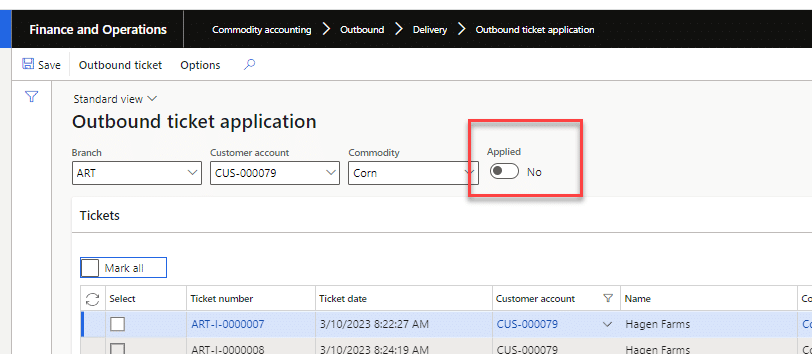 D365 Finance and Operations with Levridge. The standard view outbound ticket application is shown. "Applied" is set to No and circled in red.