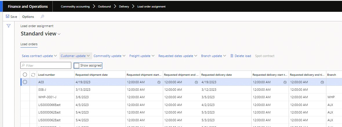 D365 Finance and Operations with Levridge. The standard view load order assignment screen is shown. "Show assigned" checkbox is circled in blue.