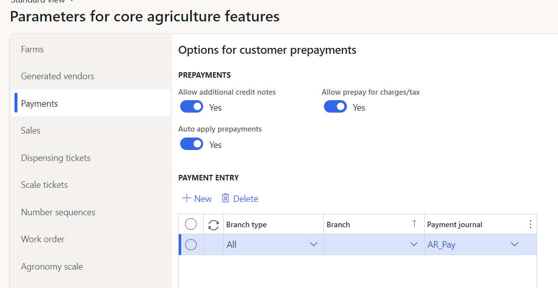 Screenshot of the "Parameters for core agriculture features" section in D365. To the left, "Payments" is selected. All prepayment options are set to Yes.