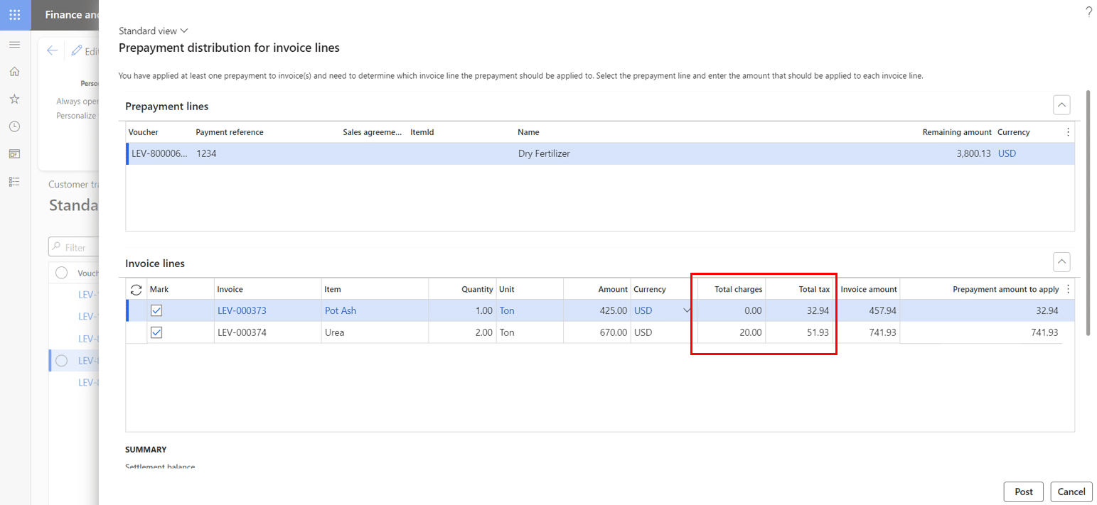 Changing the amount of each prepayment applied to sales lines and to charges and taxes.