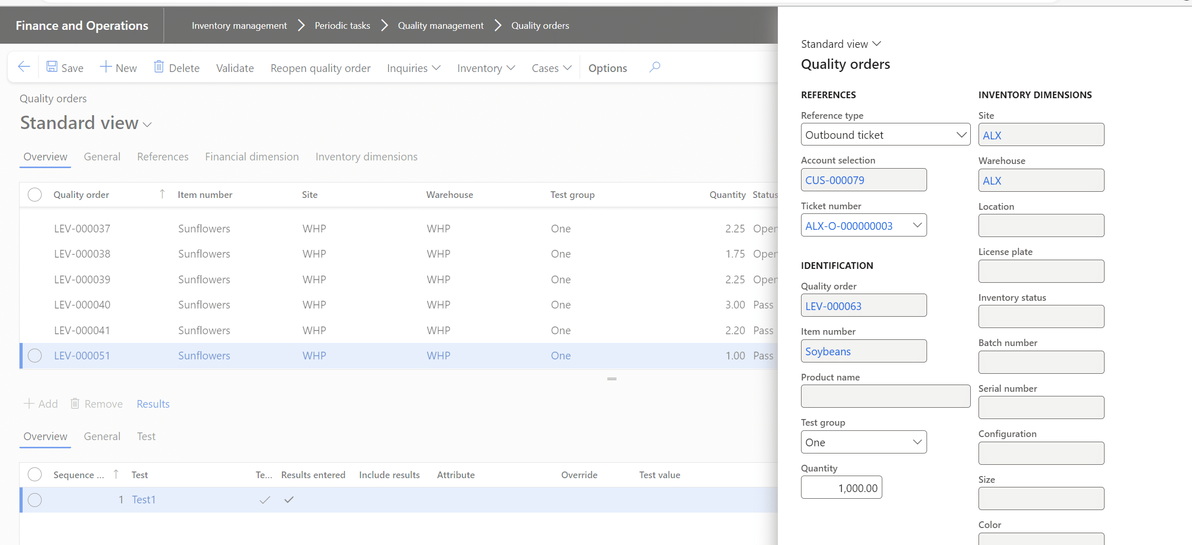 Screenshot of quality orders for an outbound ticket in D365 Finance and Operations