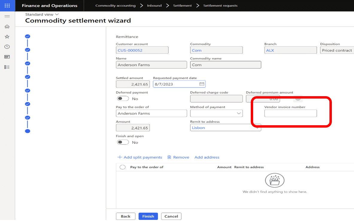 Screenshot of commodity settlement wizard. Vendor invoice number is circled in red.