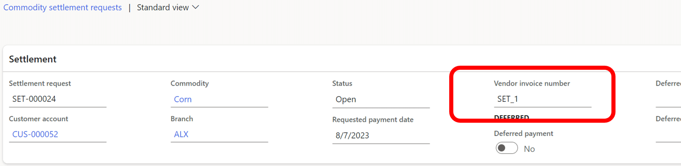 Screenshot of Commodity settlement requests. Vendor invoice number is circled in red.