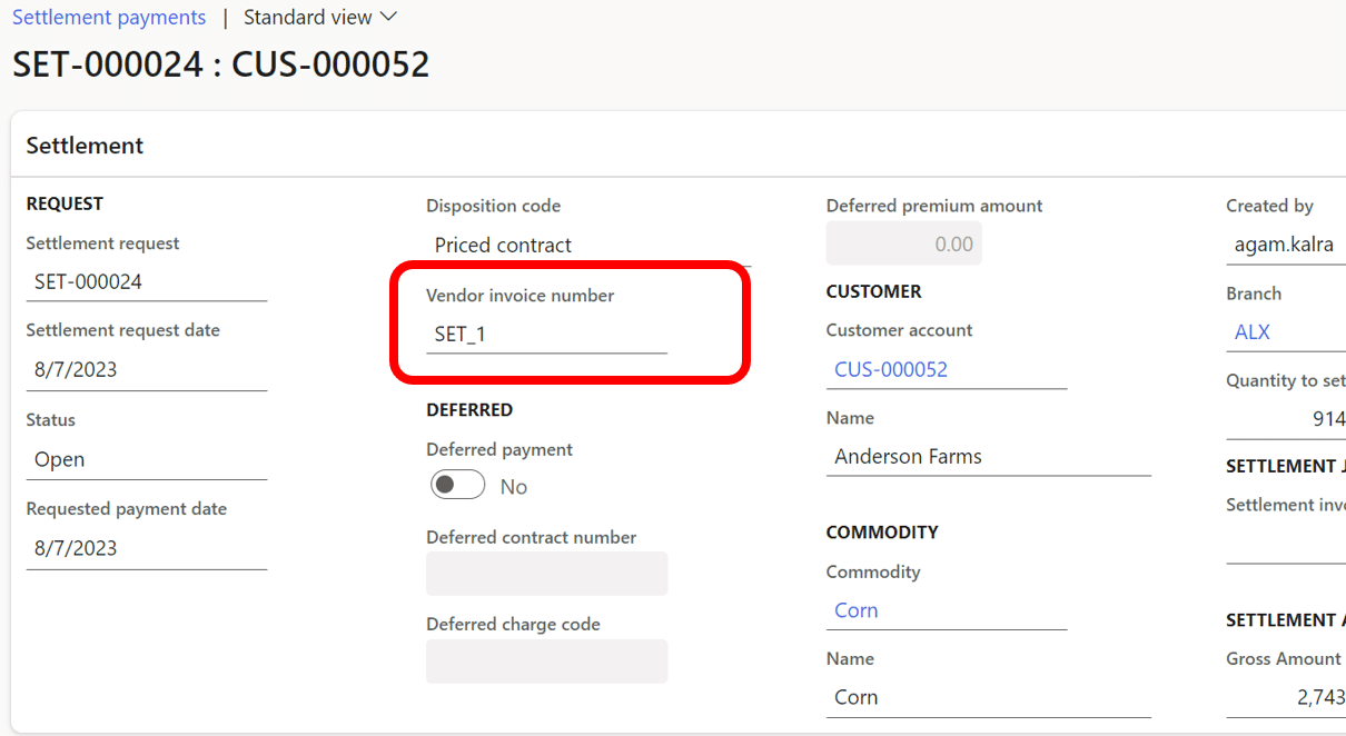 Screenshot of Settlement payments. Vendor invoice number is circled in red.