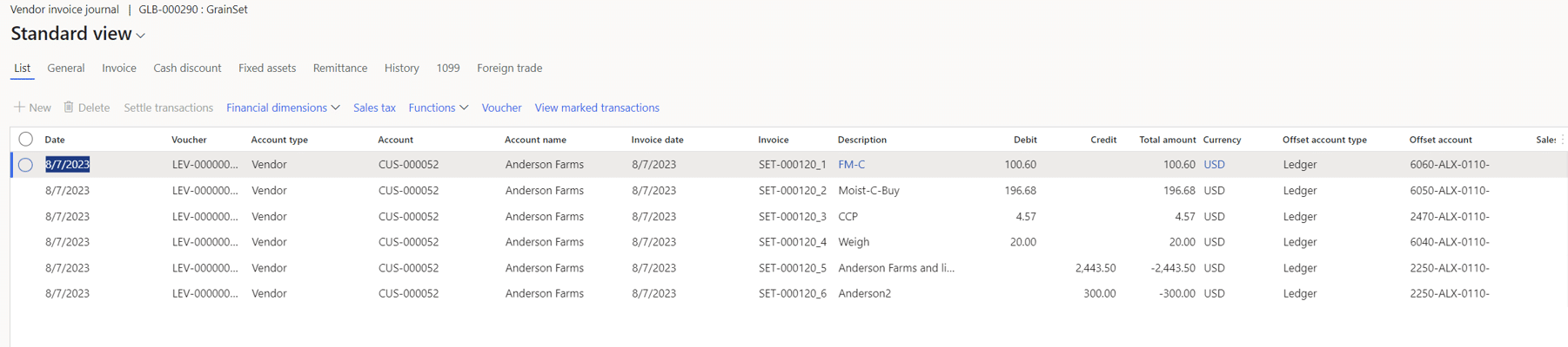 Screenshot of vendor invoice journal rows
