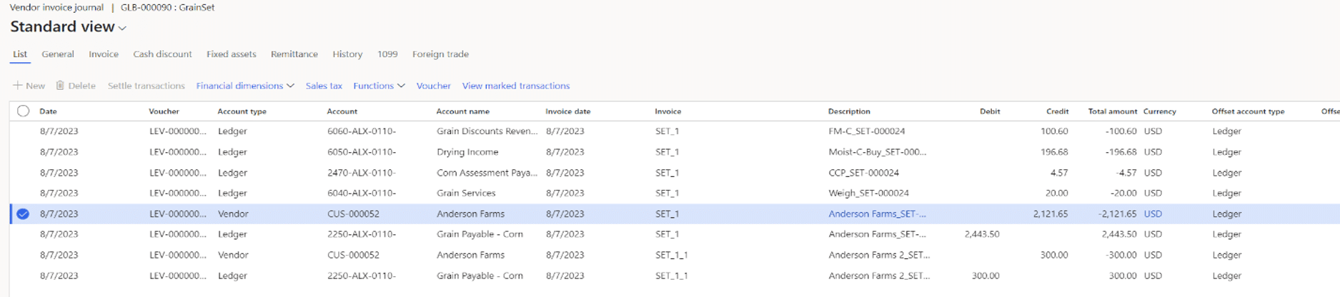 Screenshot of vendor invoice journal rows